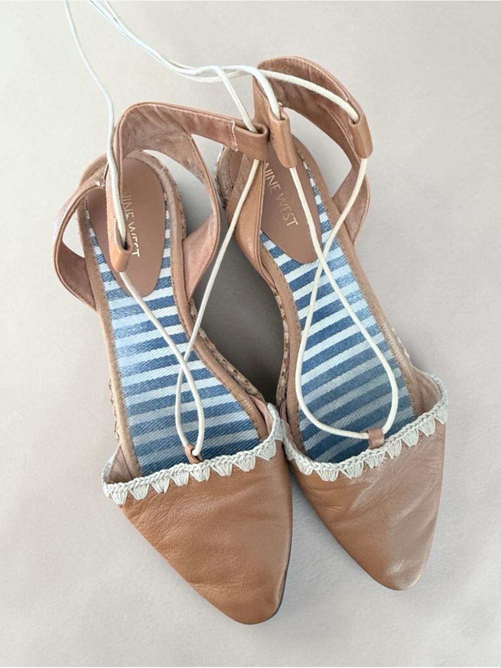 Nine West Tan Leather Pointed-Toe Ankle Tie Flats, 9”
